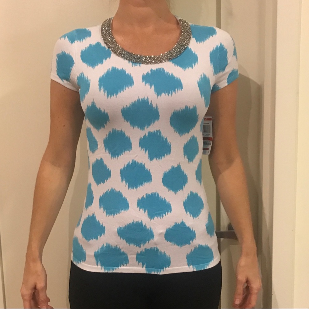 NWT • INC WHITE & BLUE SHORT SLEEVE BEADED TOP